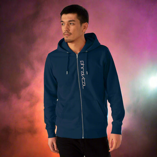 DJ wearing grey hoodie in a neon-lit nightclub bar scene, smoke, electric atmosphere, fog, orange colour and white