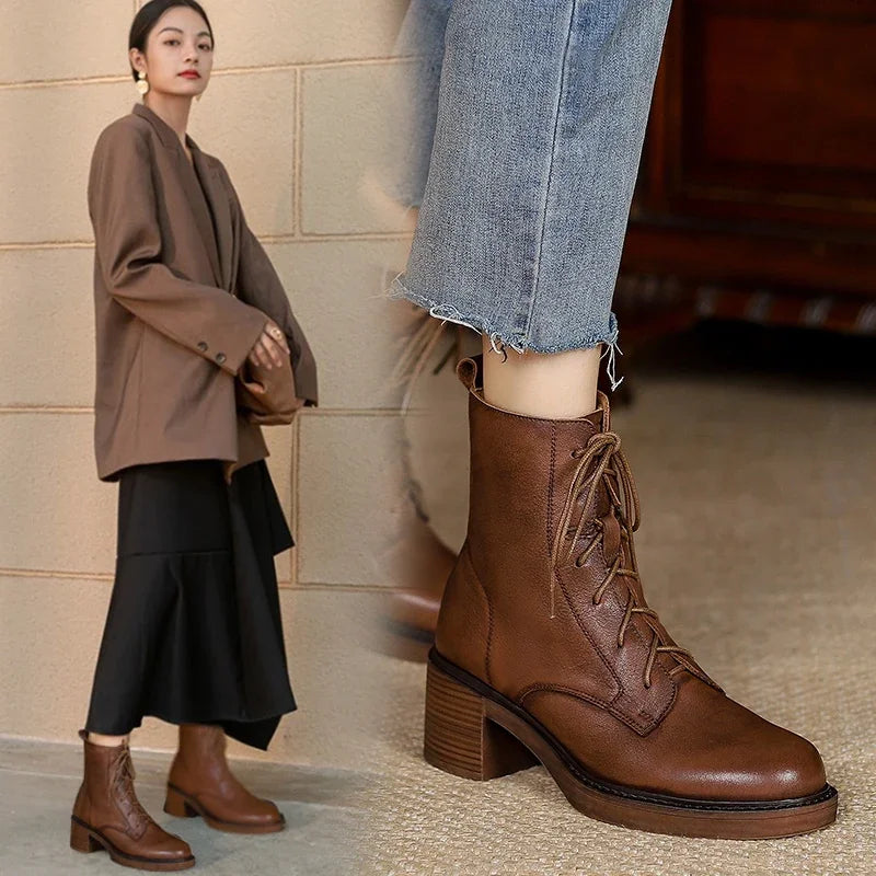 NORBERG Winter Genuine Leather Women Ankle Boots - Round Toe Thick Heel Lace Up