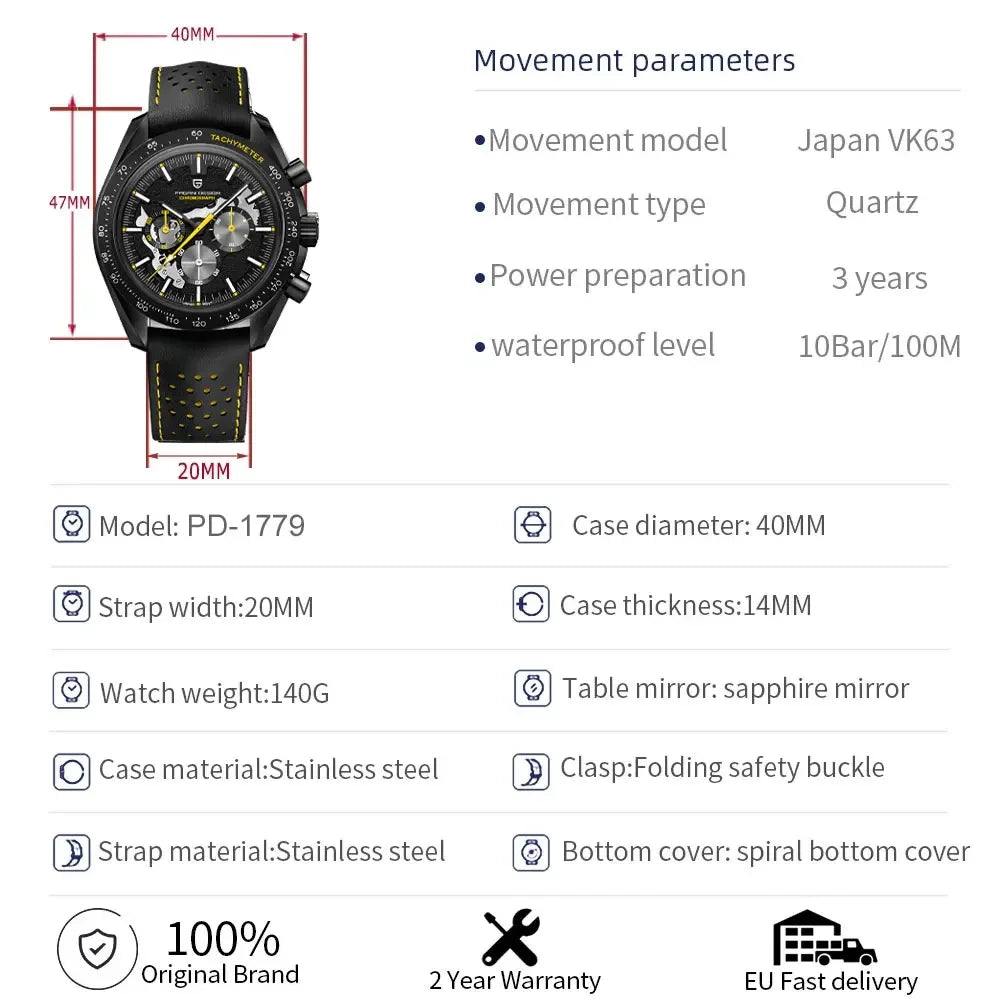 PAGANI DESIGN Skeletons Moon Men's Luxury Quartz Watch