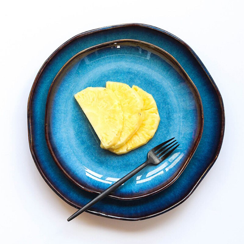 Retro Japanese deep blue ceramic dinner plate, food dessert dish