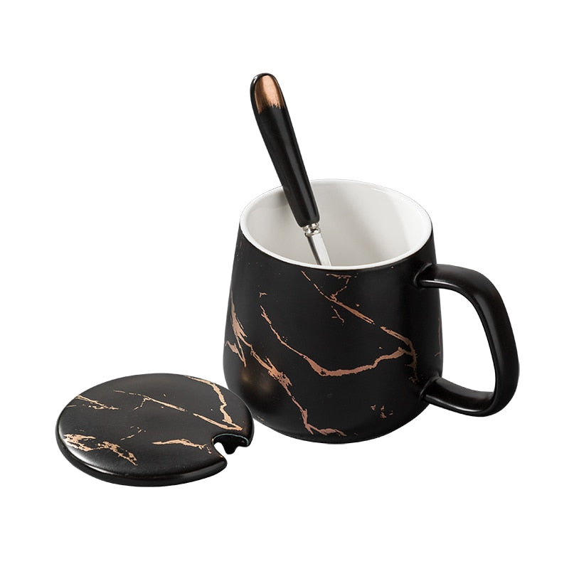 Marble Couple Cup 420ML. Ceramic coffee mug with spoon.