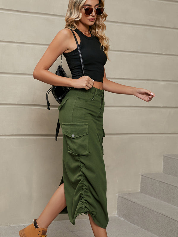 Women's Solid Color Side Drawstring Cargo Skirt