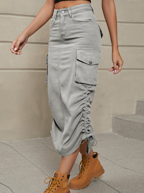 Women's Solid Color Side Drawstring Cargo Skirt