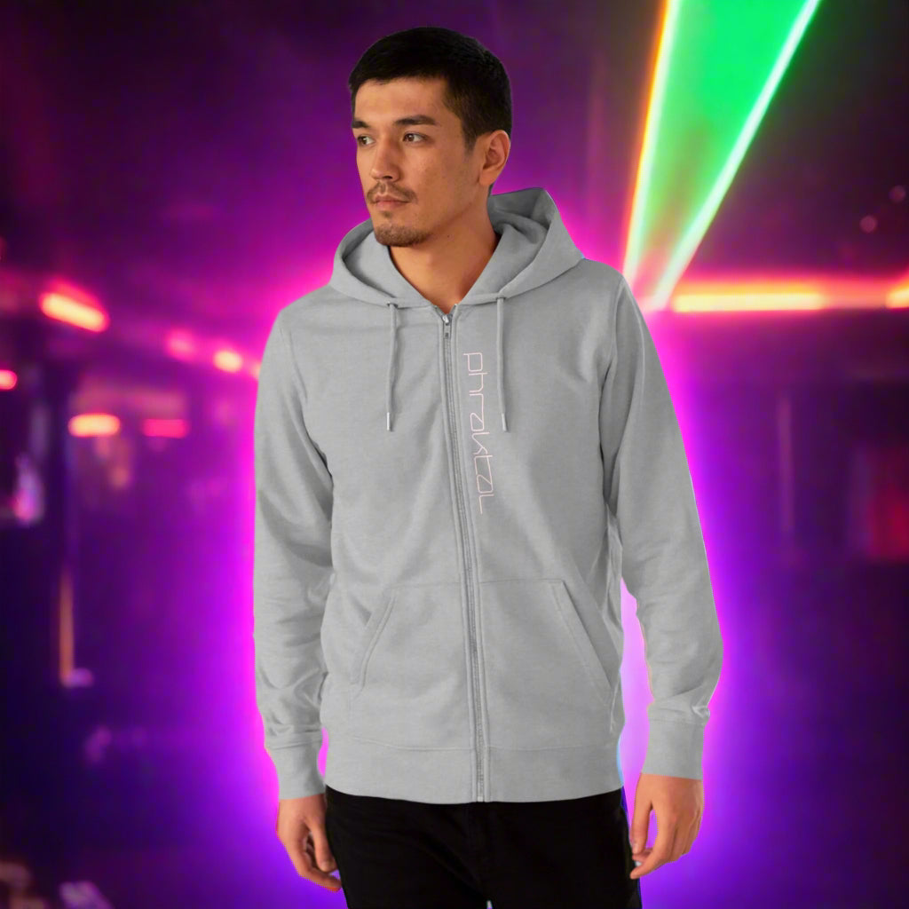 DJ wearing hoodie in a neon-lit nightclub bar scene, smoke, electric atmosphere, fog, orange colour and white