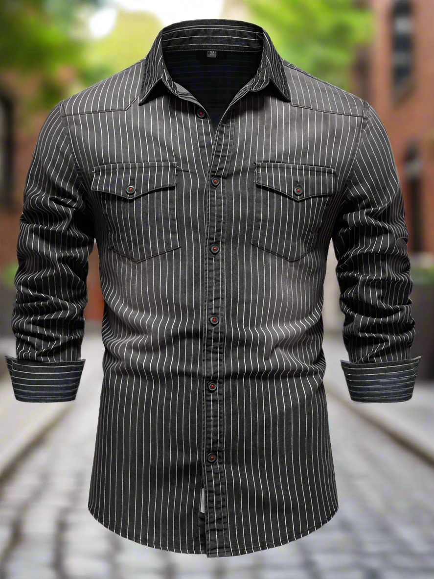 Men's Heavy Washed Distressed Striped Denim Shirt