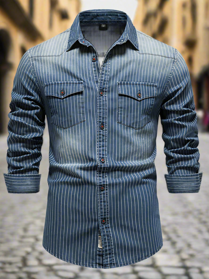 Men's Heavy Washed Distressed Striped Denim Shirt
