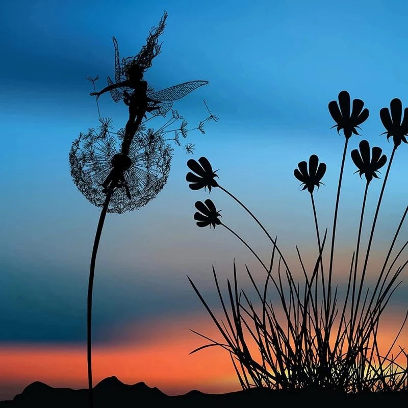 Garden Decoration Fairies and Dandelion Dance Together Metal Ornament Lawn Yard Landscape Sculpture Miniature Art Decor Outdoor