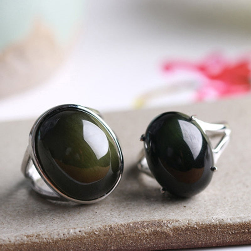 Natural Obsidian Ring - Green Cat Eye Stone | S925 Sterling Silver | Unisex