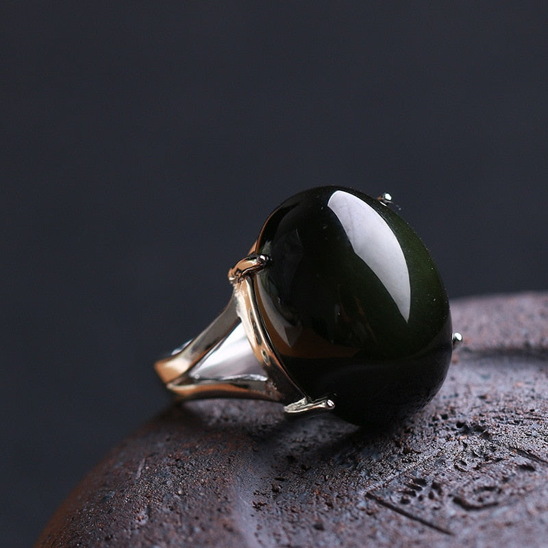 Natural Obsidian Ring - Green Cat Eye Stone | S925 Sterling Silver | Unisex