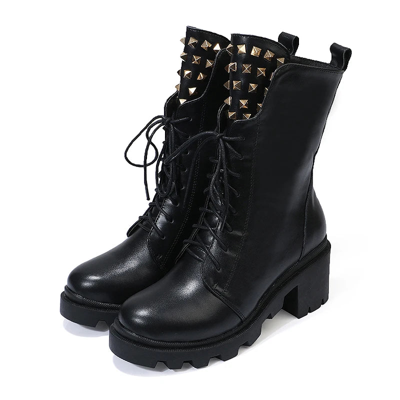 Women's Leather Round Toe Metal Rivet Boots