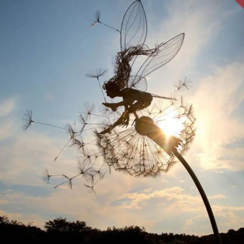 Garden Decoration Fairies and Dandelion Dance Together Metal Ornament Lawn Yard Landscape Sculpture Miniature Art Decor Outdoor