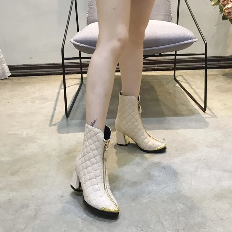 SICCSAEE Genuine Leather Winter Ankle Boots with Square Heel