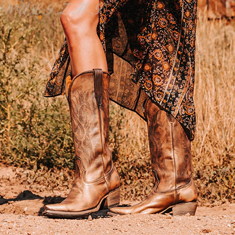 Vintage Embroidered Mid Calf Boots for Women - Comfortable Western Style