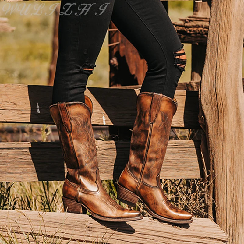 Vintage Embroidered Mid Calf Boots for Women - Comfortable Western Style