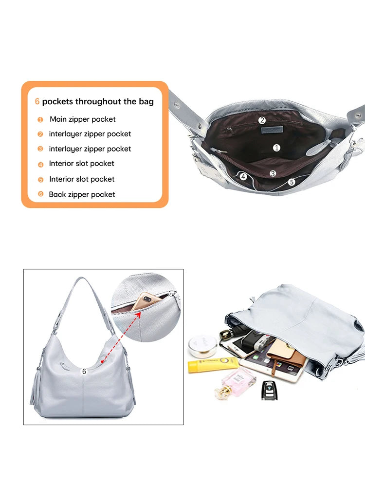 ZENCY Genuine Leather Shoulder Bag with Tassel Decoration