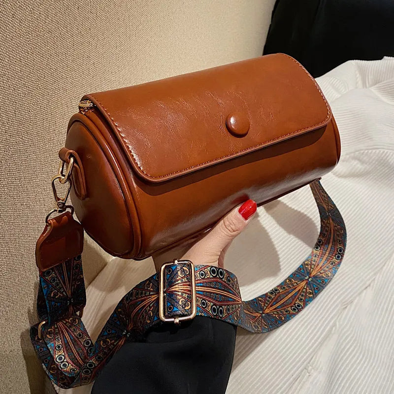 Vintage Barrel-shaped PU Leather Handbag with Lock Decoration