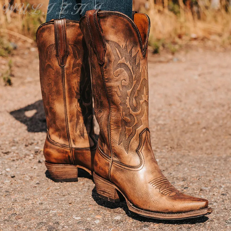 Vintage Embroidered Mid Calf Boots for Women - Comfortable Western Style