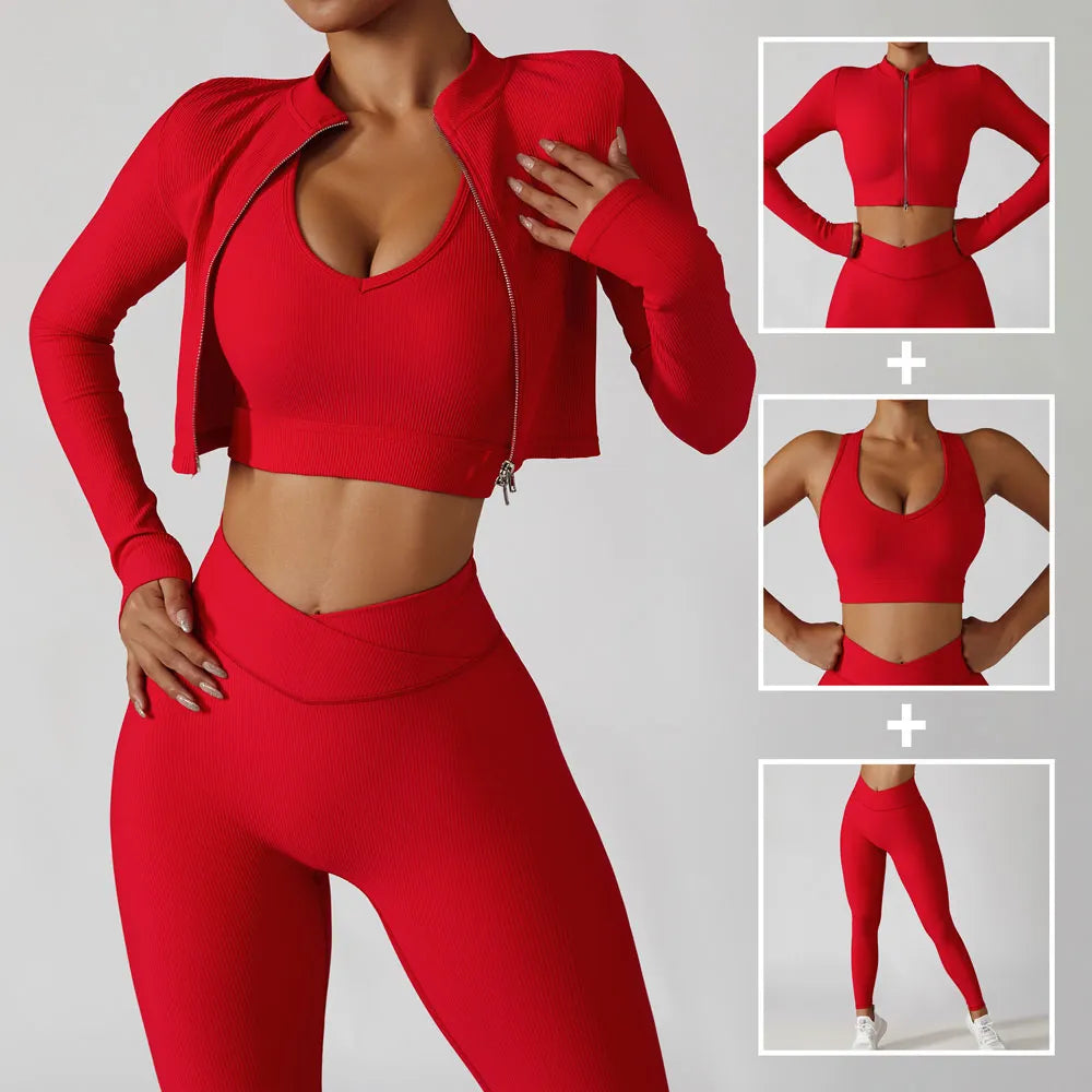 Women's Tracksuit 3 Piece Set - Red Blue and Pink Ribbed Sportswear for Fitness