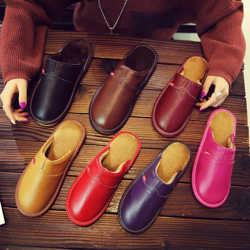 Winter Indoor Warm Wool Anti-Skid Leather Slippers for Men and Women
