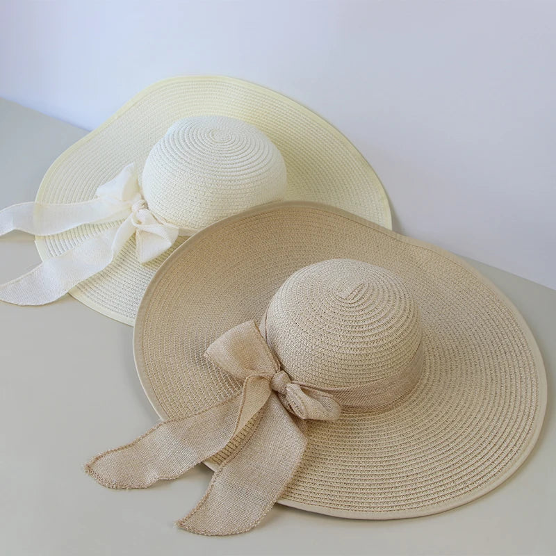 Summer Women Straw Hat Bowknot Wide Brim Floppy Panama Hats Female Lady Outdoor Foldable Beach Sun Protector