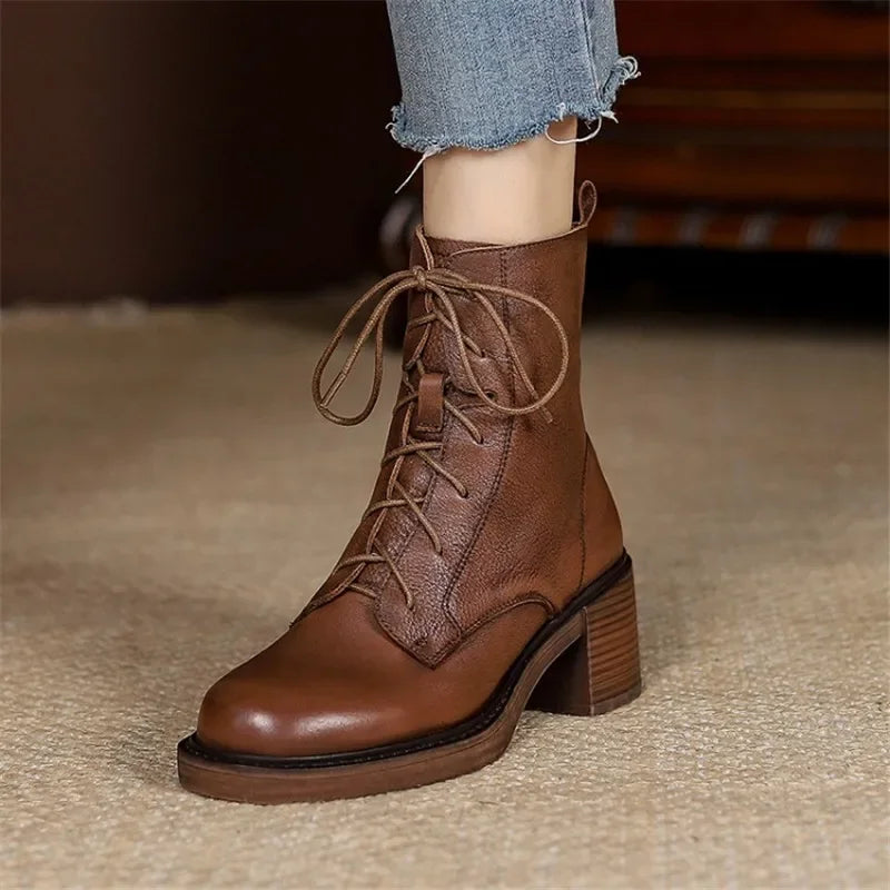 NORBERG Winter Genuine Leather Women Ankle Boots - Round Toe Thick Heel Lace Up