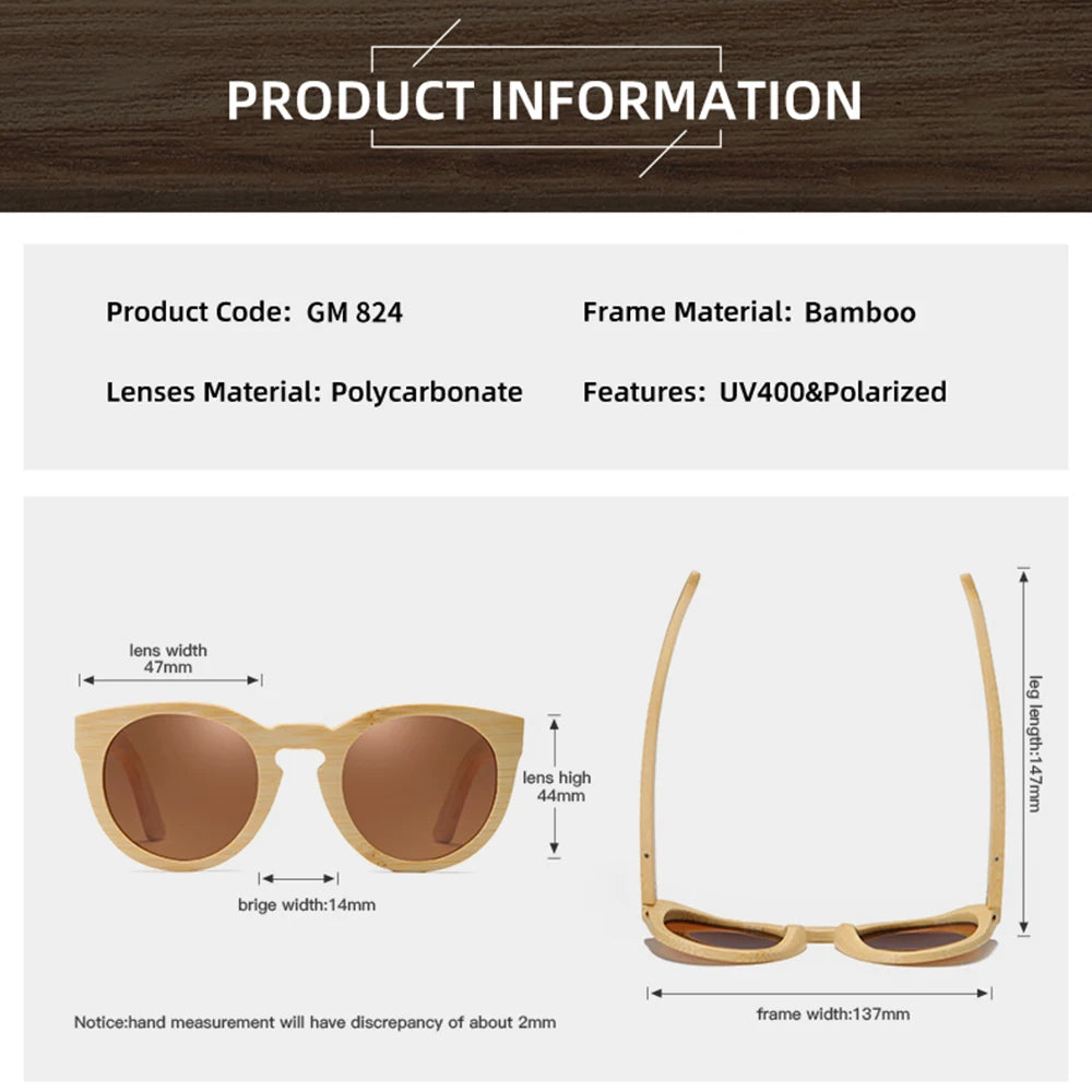 GM Natural Bamboo Sunglasses Women Polarized UV400 Brand Designer Classic Sun glasses Men Vintage Wooden Sunglasses