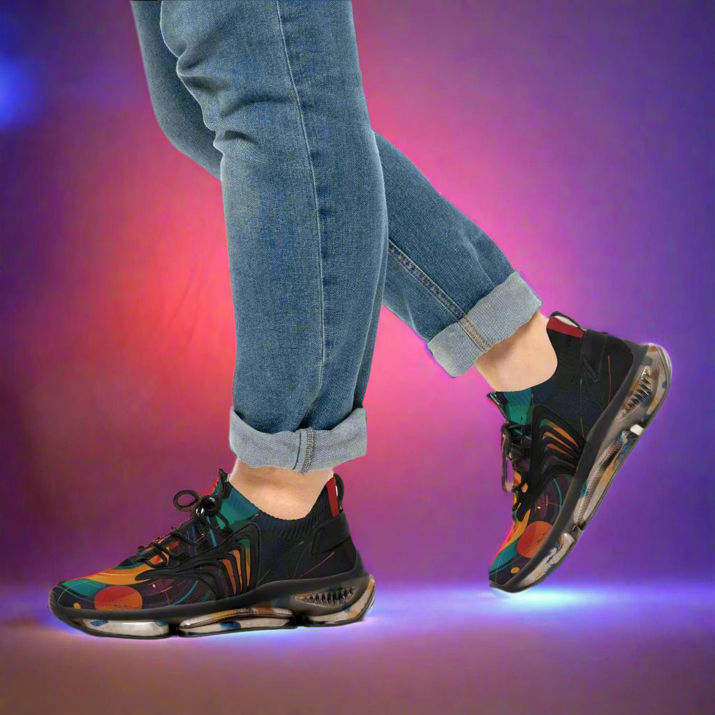 clubber wearing trainers in a neon-lit nightclub bar scene, smoke, electric atmosphere, fog, orange colour and white