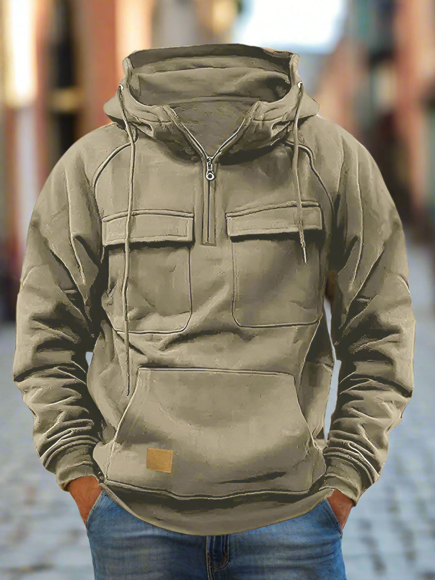 Men's solid color hooded sports multi-pocket sweatshirt jacket