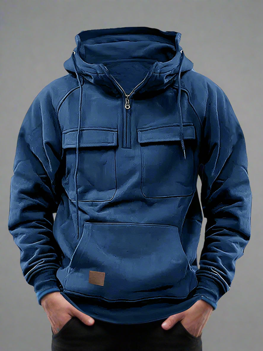 Men's solid color hooded sports multi-pocket sweatshirt jacket