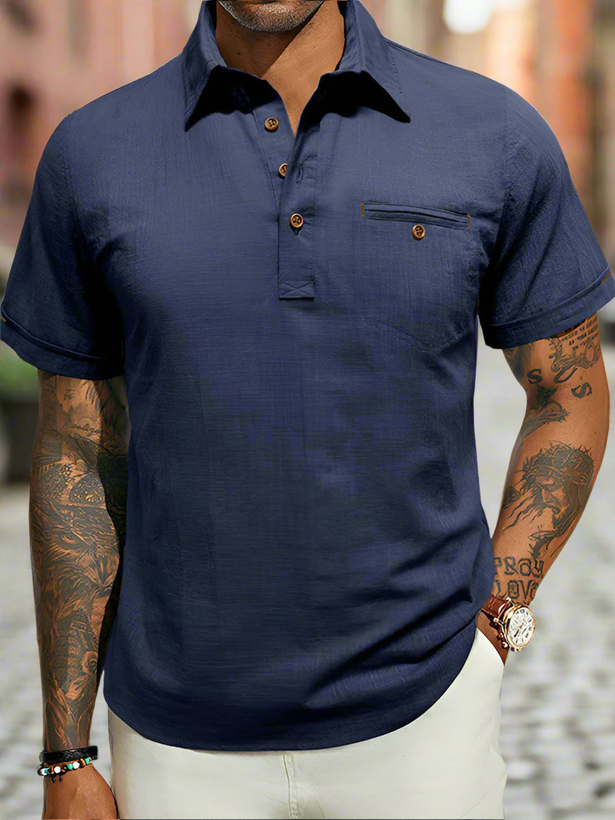 Men's casual solid color lapel short-sleeved tops