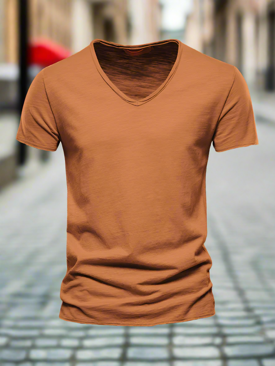 Men's New Solid Color Slub Cotton V-Neck Short Sleeve T-Shirt