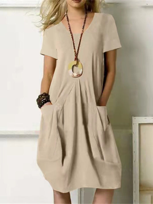 Versatile Leisure Dress with Round Neck and Slant Pockets