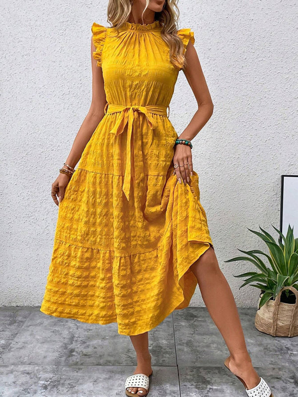 Ruffled Flying Sleeve Lace-up Textured Dress
