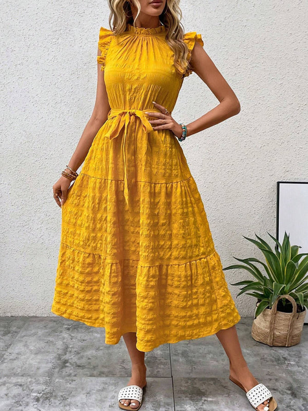 Ruffled Flying Sleeve Lace-up Textured Dress