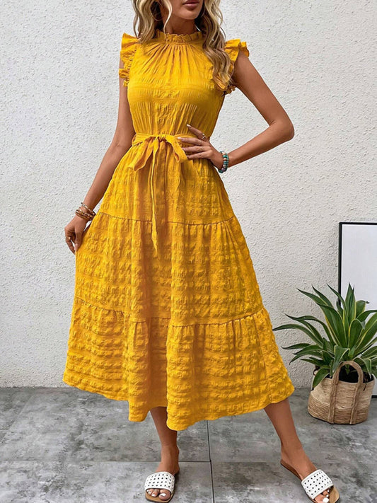 Ruffled Flying Sleeve Lace-up Textured Dress
