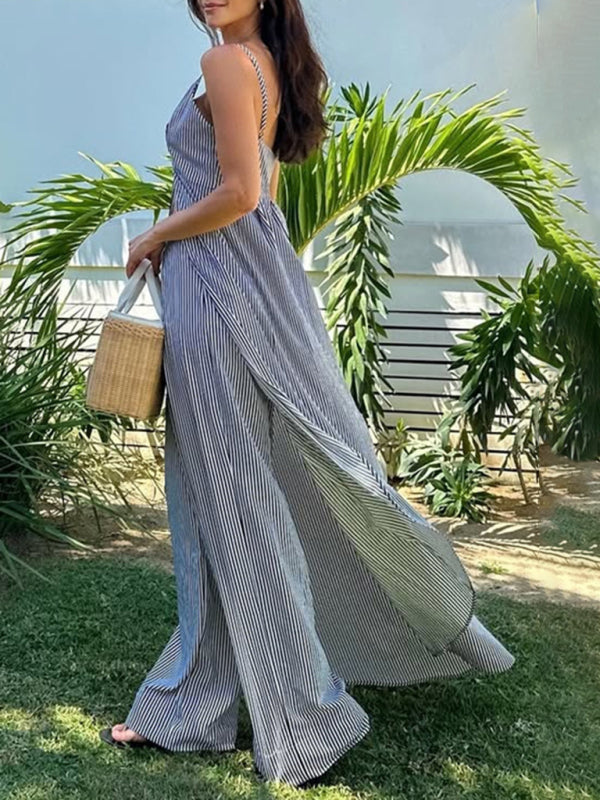 Fashion sleeveless striped camisole top with striped trousers two-piece set