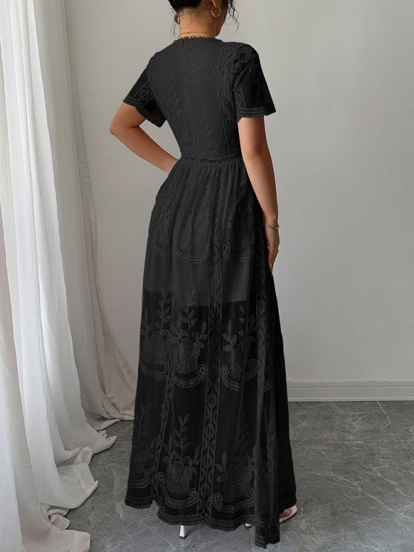 Black lace hollow short sleeve dress