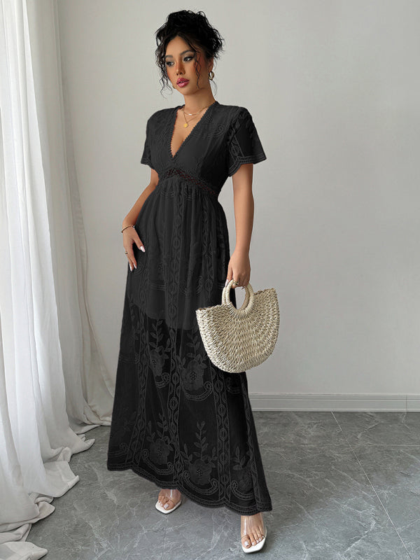 Black lace hollow short sleeve dress