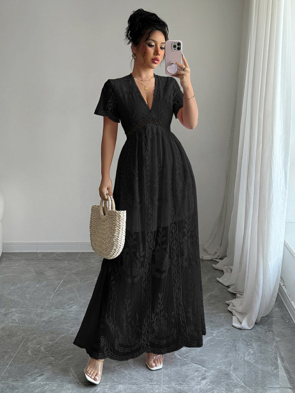 Black lace hollow short sleeve dress