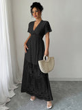 Black lace hollow short sleeve dress