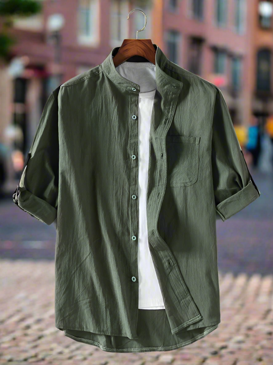 Men's casual solid color stand collar short sleeve shirt