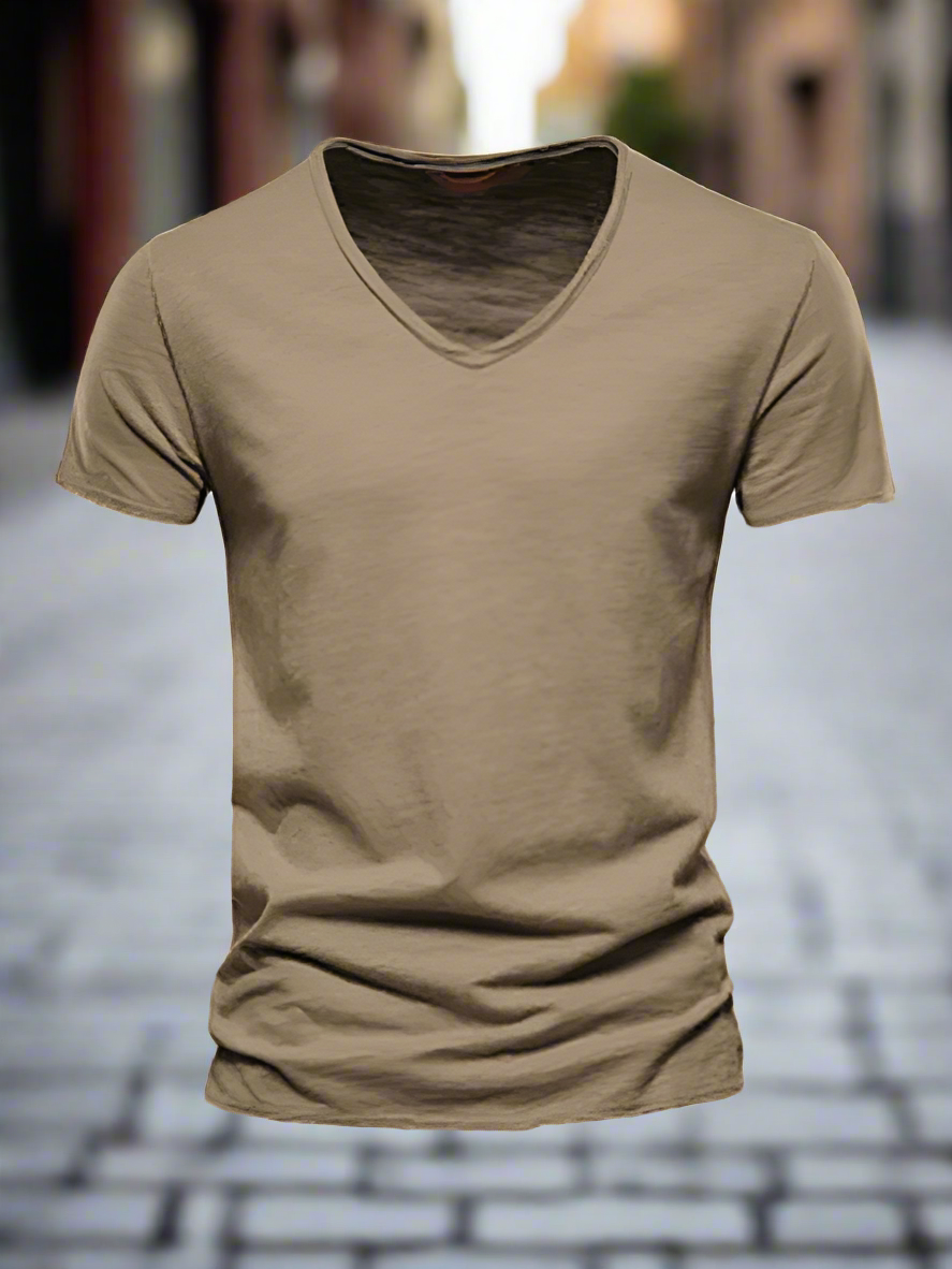 Men's New Solid Color Slub Cotton V-Neck Short Sleeve T-Shirt