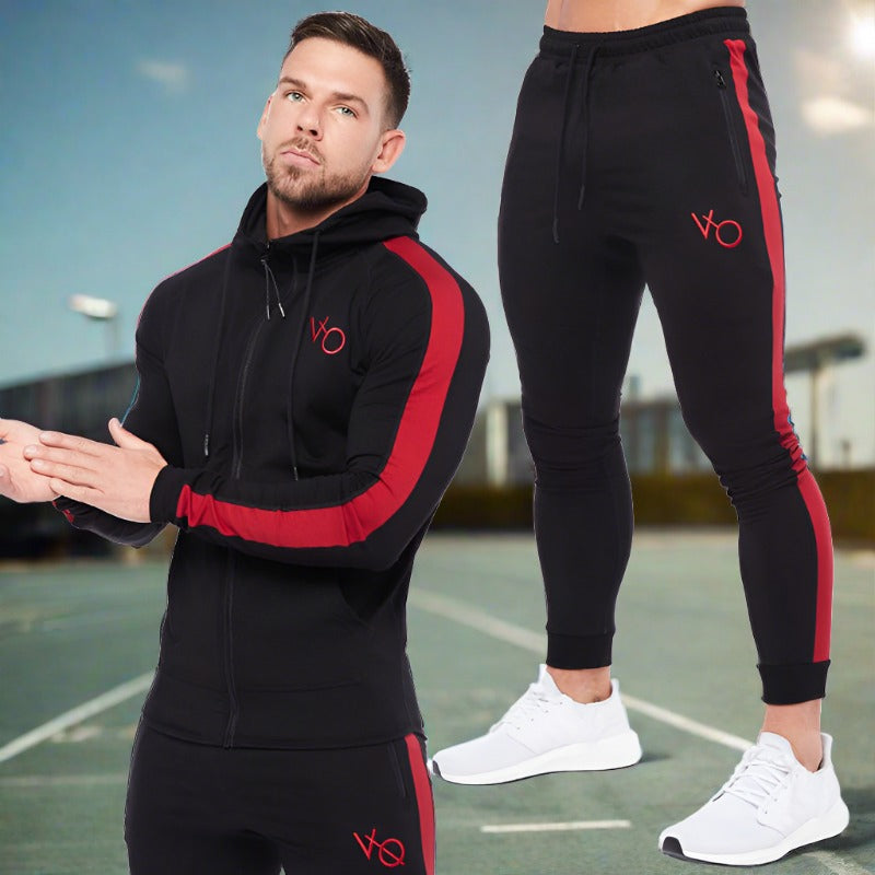 mens track suit on running track, bright warm sun, blue sky, commercial product shot