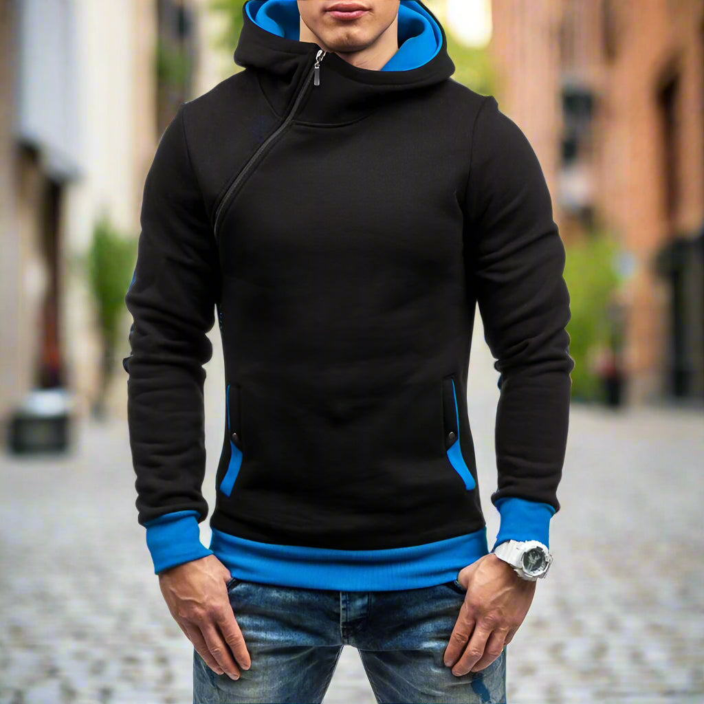 Slim Hooded Sweatshirt with Diagonal Zipper for Men