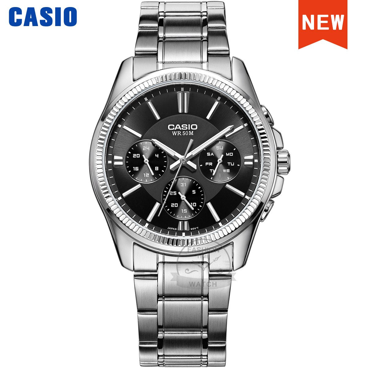 Casio Men's Quartz Watch: 50M Waterproof Timepiece with Ion Plated Case and Stainless Steel Band