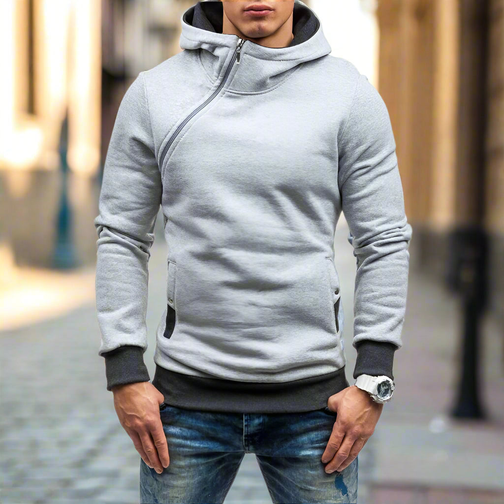 Slim Hooded Sweatshirt with Diagonal Zipper for Men