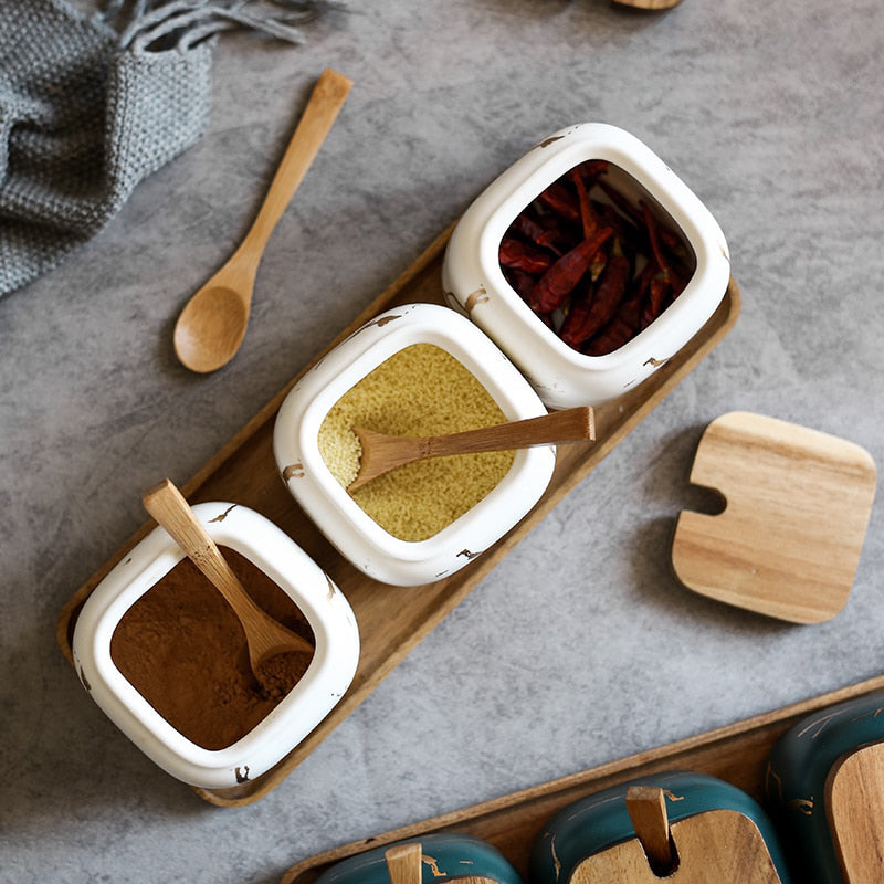 Nordic Matte Marbled Ceramic Seasoning Holder, Kitchen Tank Set Wooden Cover/Tray. Spice Jar, Kitchen Accessories