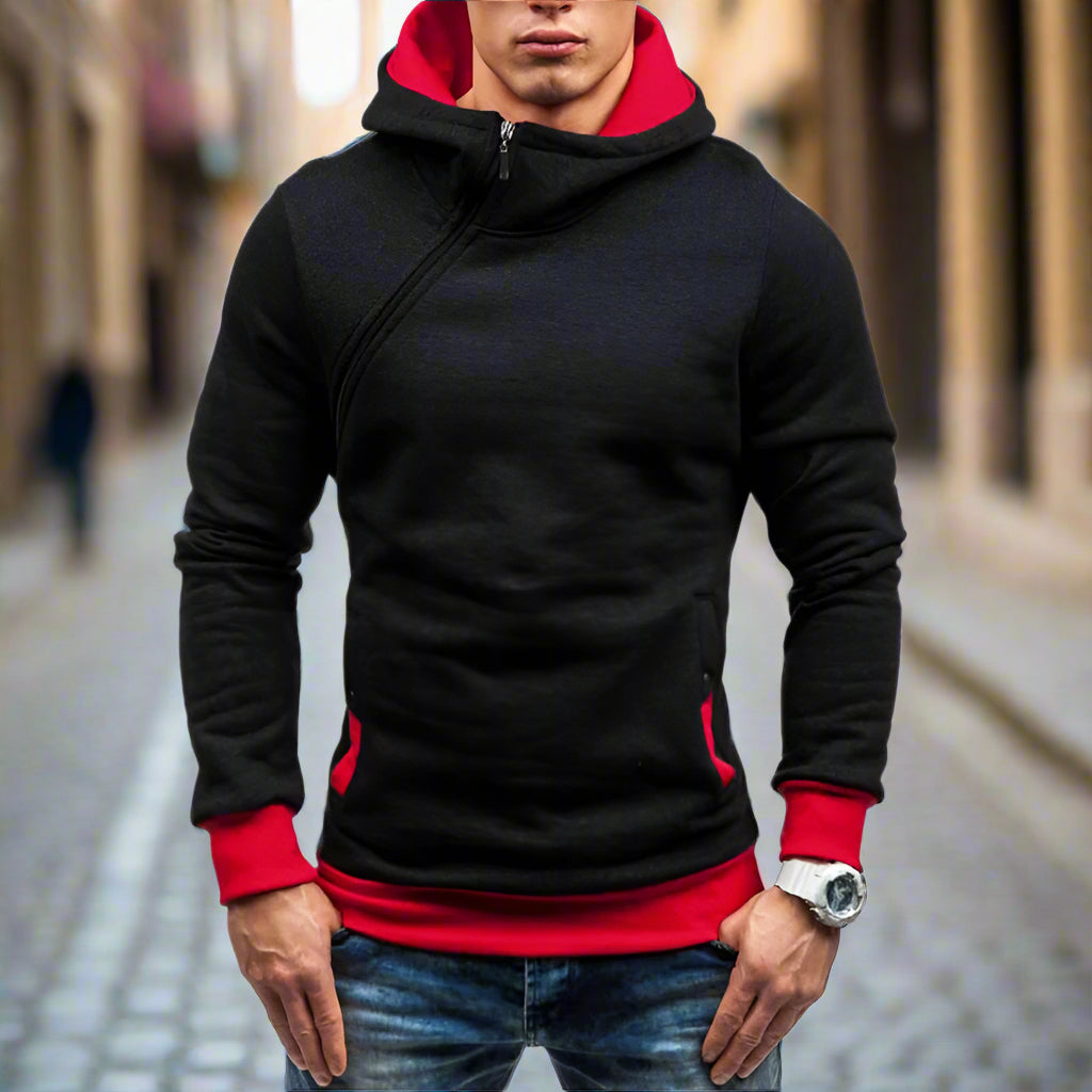 Slim Hooded Sweatshirt with Diagonal Zipper for Men
