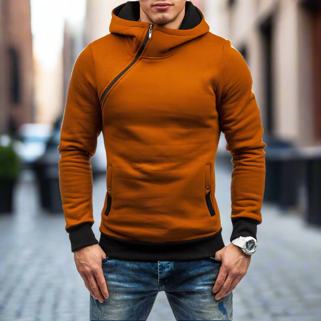 Slim Hooded Sweatshirt with Diagonal Zipper for Men