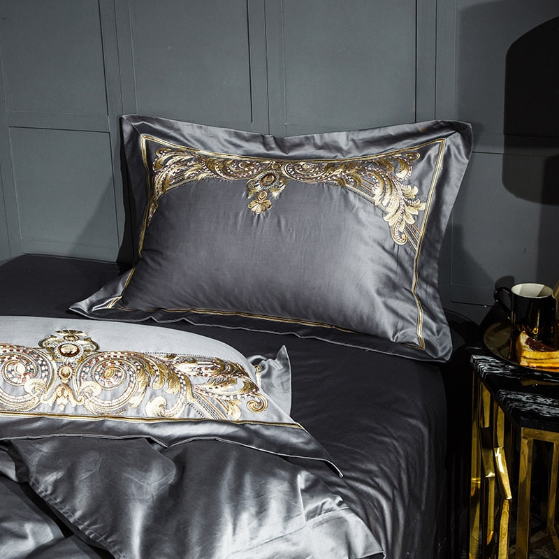 Luxury Satin Egyptian Cotton Bedding Set with Gold Royal Embroidery